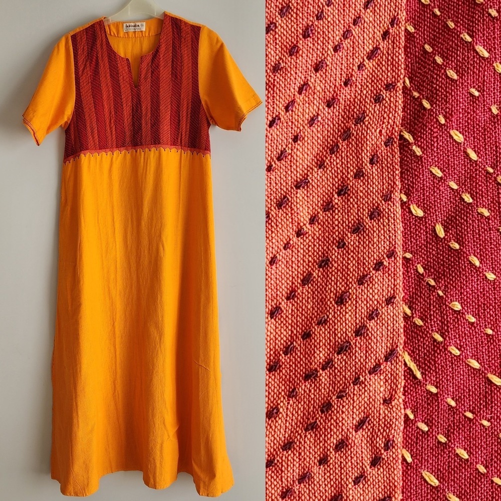 Fabindia Tunic Dress Womens Small Orange Kurti Cotton Colorful Dopamine Maxi